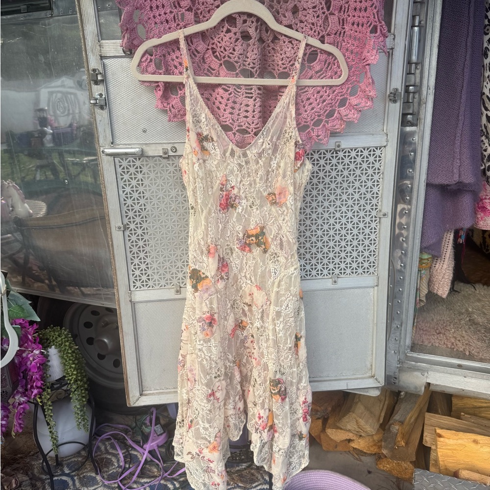 Free People Lace Sequin Embroidered Dress in Cream with Floral Accents